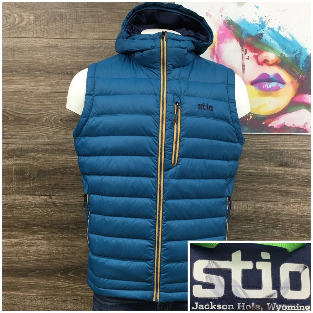 Stio Hometown Down Hooded Vest Mens Large Blue Goose Down Puffer Pertex Shell